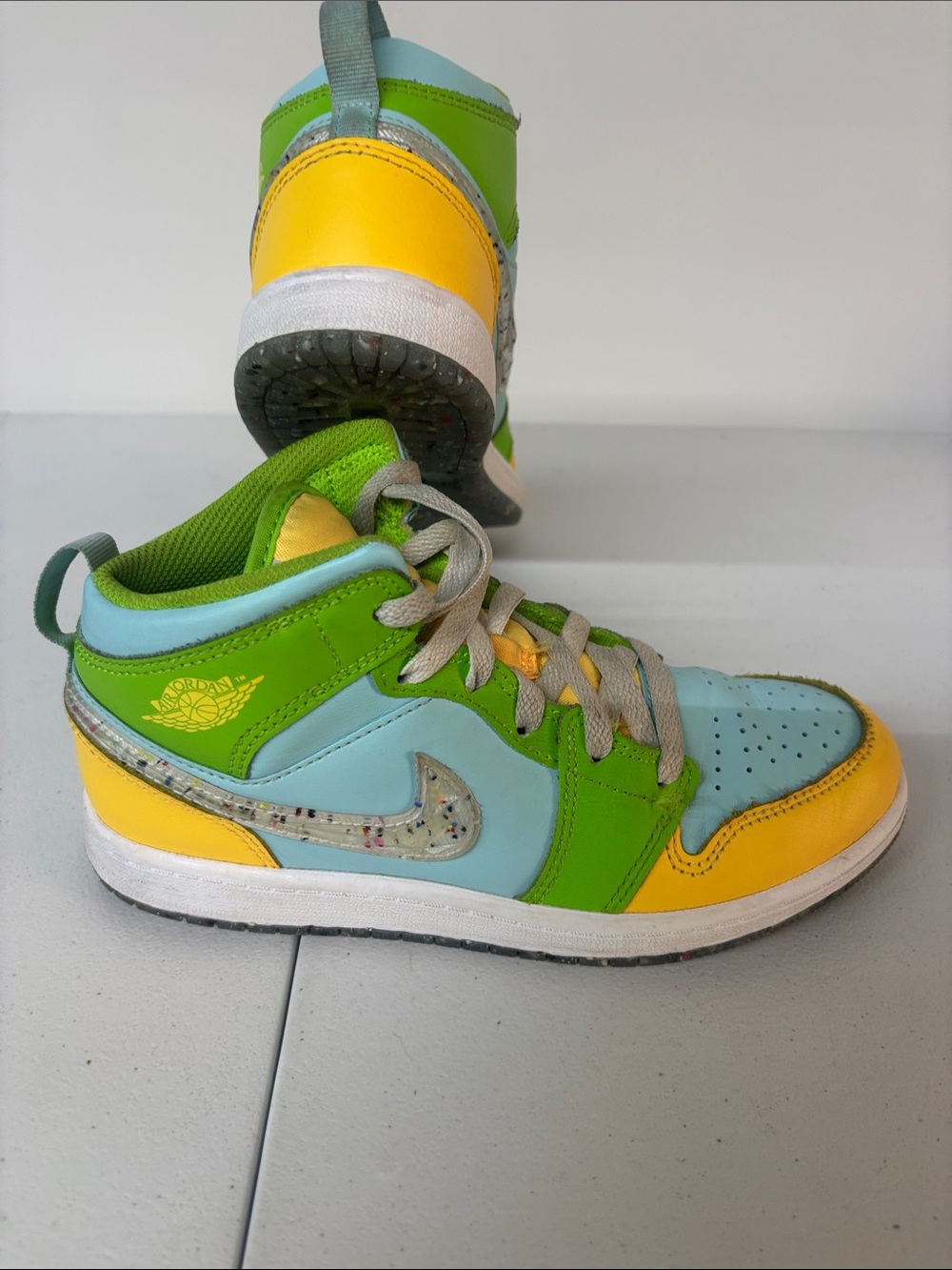 Nike Kids Air Jordan Mid-Top Sneakers in Green, Yellow & Light Blue